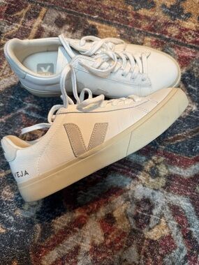 Veja White Leather Sneakers with Pale Green V Accent